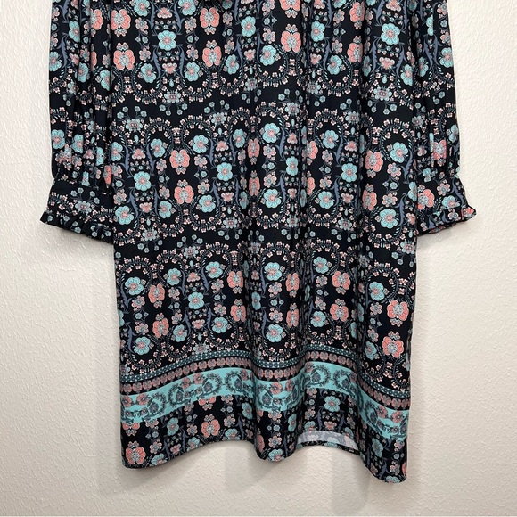 Eloquii Womens Size 22 Long Sleeve Shift Dress High Neck Blue Floral Tie At Neck - Picture 3 of 14